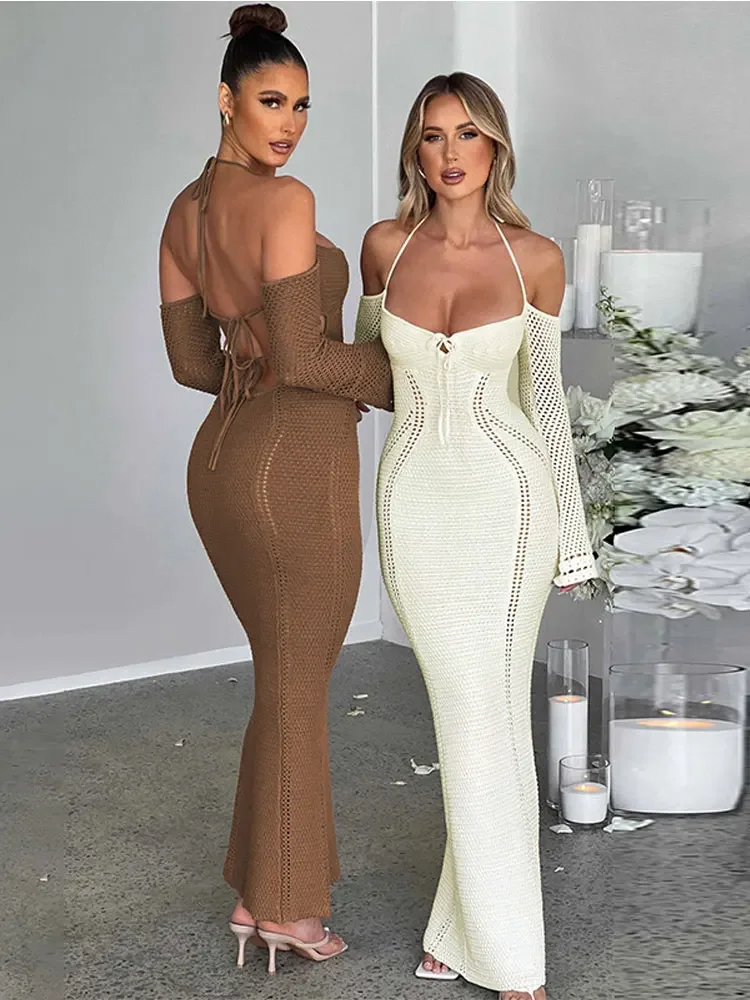 Sexy Backless Bandage Women Knit Halter Maxi Dress Solid Long Sleeve Hollow Out Bodycon Dresses Summer Lady High Street Robe
Sexy Backless Bandage Women Knit Halter Maxi Dress Solid Long Sleeve Hollow Out Bodycon Dresses Summer Lady High Street Robe