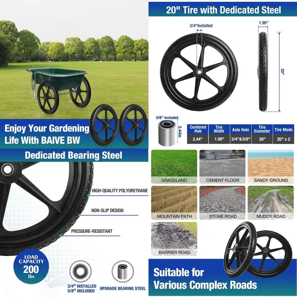Pair of 20 Polyurethane Ladder Tires, 3/4 and 5/8 Bearings, Non-Pneumatic, 20x2 for Wheelbarrows, Carts, Garden Trailers
Pair of 20 Polyurethane Ladder Tires, 3/4 and 5/8 Bearings, Non-Pneumatic, 20x2 for Wheelbarrows, Carts, Garden Trailers
