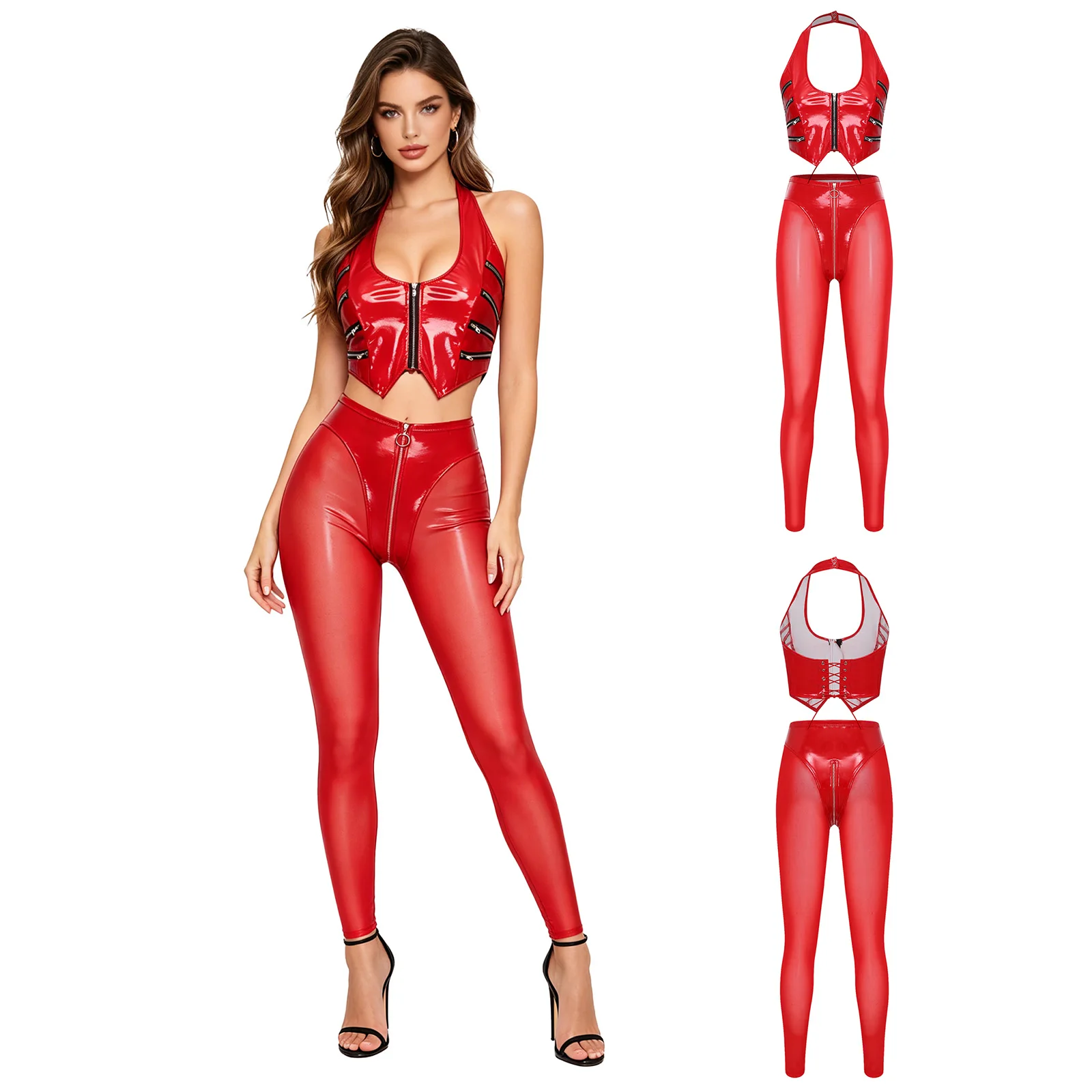 Women Glossy PU Leather Costume Clubwear Crop Tank Top with Sheer Mesh High Waist Pants Rave Party Nightclub Pole Dance Clothes
Women Glossy PU Leather Costume Clubwear Crop Tank Top with Sheer Mesh High Waist Pants Rave Party Nightclub Pole Dance Clothes