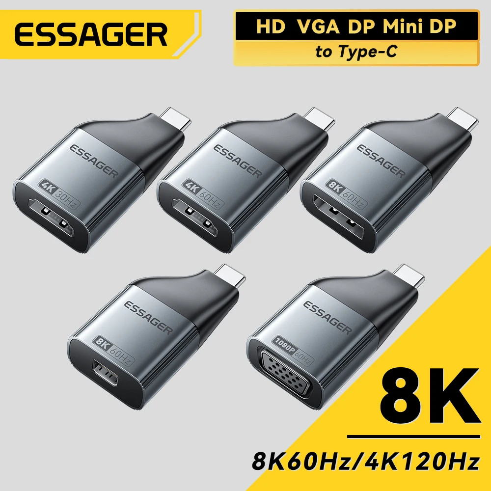 Essager USB-C к HDMI-совместимому адаптеру DP VGA Mini DisplayPort 8K 60 Гц/4K 120 Гц видеоконвертер высокой четкости для MacBook P 
Essager USB-C к HDMI-совместимому адаптеру DP VGA Mini DisplayPort 8K 60 Гц/4K 120 Гц видеоконвертер высокой четкости для MacBook P