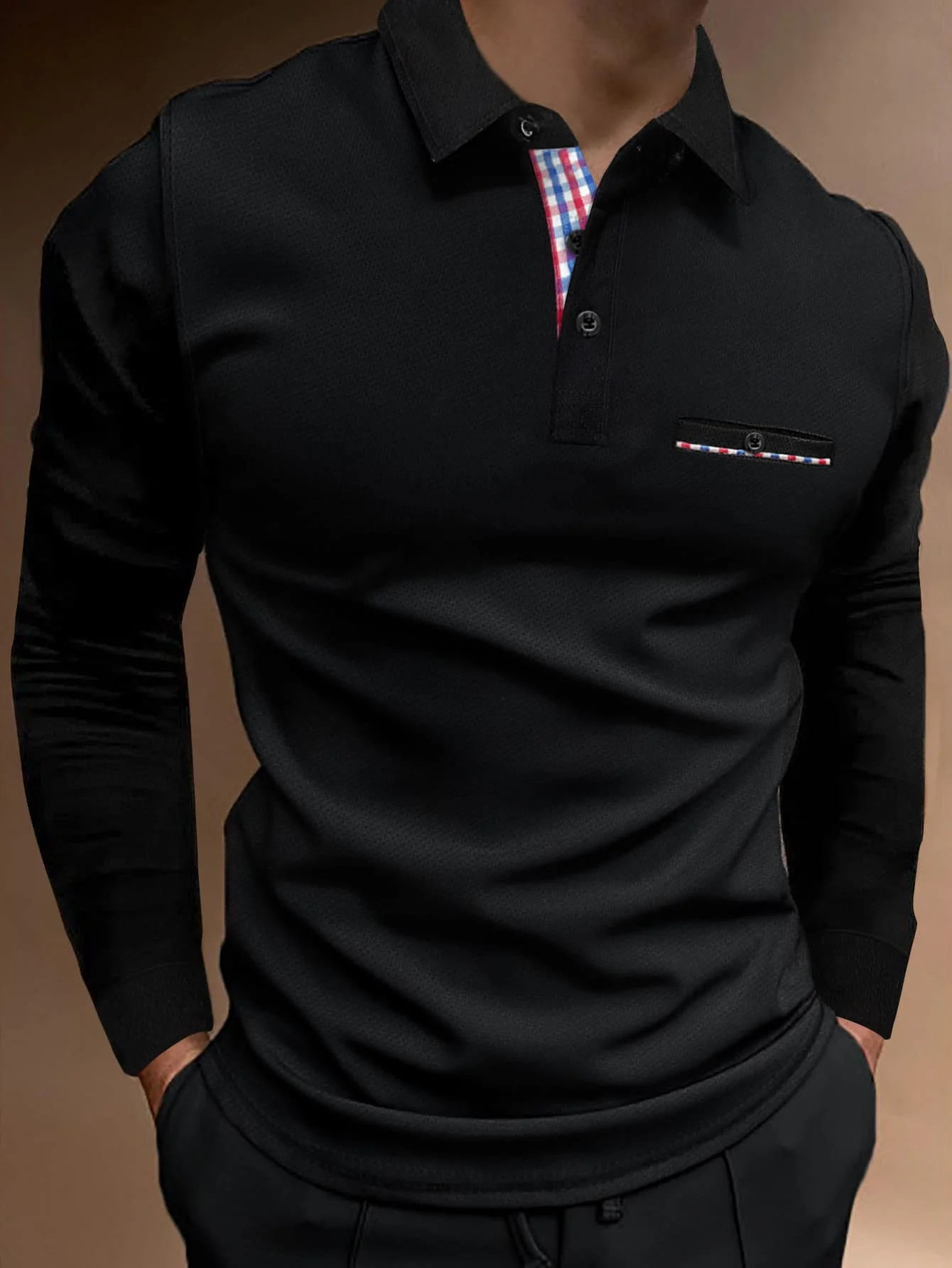 Men's Black Long Sleeve Polo Shirt with Plaid Trim Detail
Men's Black Long Sleeve Polo Shirt with Plaid Trim Detail