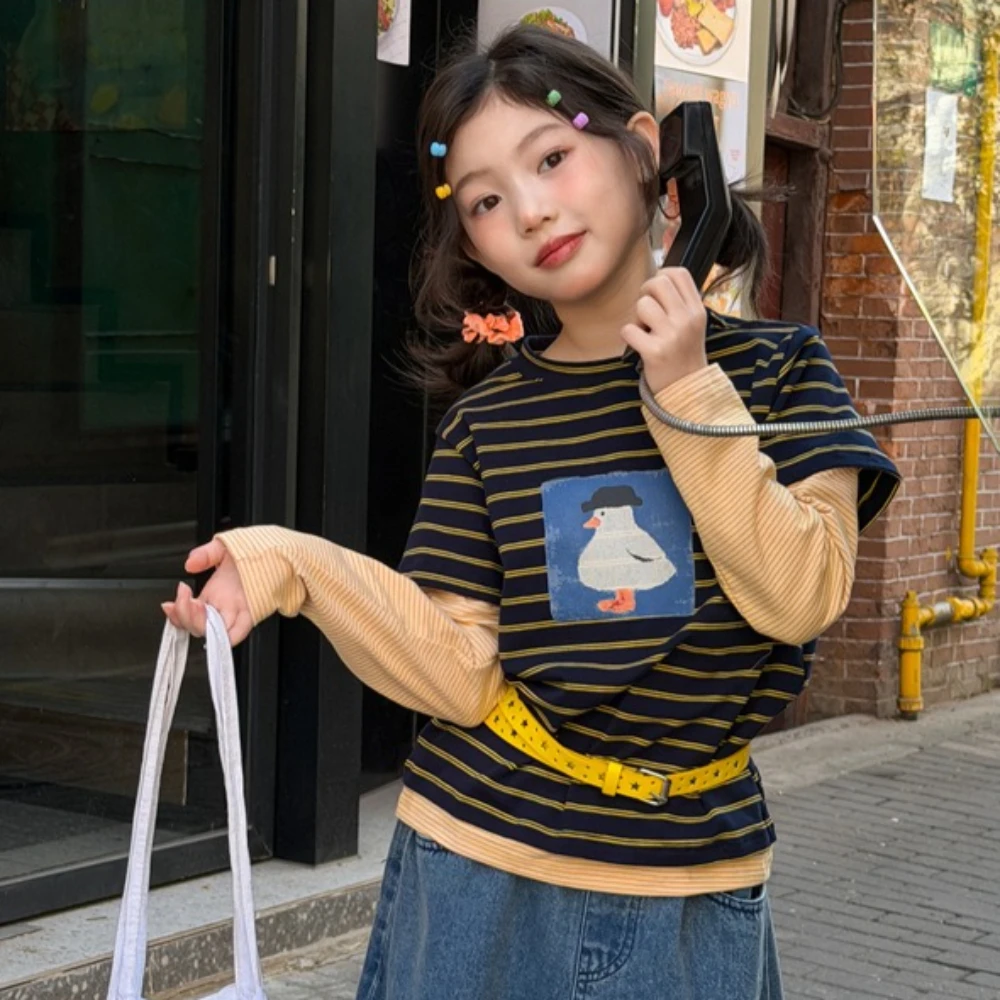 Girl T Shirt 2026 Spring and Summer New Childrens Wear Korean Style Girl Baby Foreign Style Striped Fake Two Cartoon T Shirts
Girl T Shirt 2026 Spring and Summer New Childrens Wear Korean Style Girl Baby Foreign Style Striped Fake Two Cartoon T Shirts
