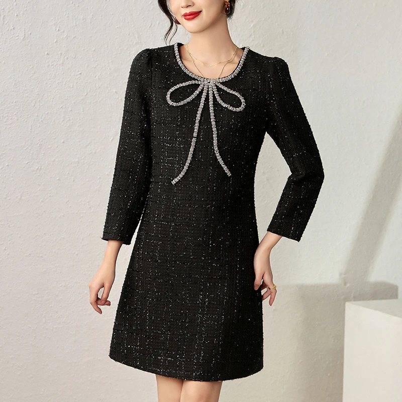 Elegant Party Dresses For Women Autumn Winter Diamonds Bow Women's Black Red Dress A-line Office Lady Vintage Tweed Dress Slim
Elegant Party Dresses For Women Autumn Winter Diamonds Bow Women's Black Red Dress A-line Office Lady Vintage Tweed Dress Slim