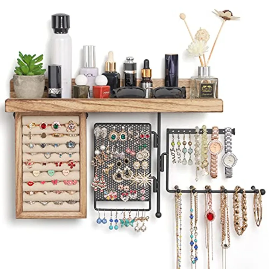 Hanging Jewelry Organizer Wall Mount with Rustic Wood Shelf, Ring Display Box, Ear Studs Earring Holder, Rotating Necklace Hold
Hanging Jewelry Organizer Wall Mount with Rustic Wood Shelf, Ring Display Box, Ear Studs Earring Holder, Rotating Necklace Hold