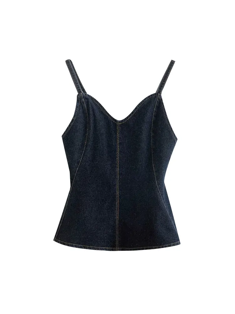 TRZA Women's Sexy Contrast Topstitching Denim Godet Tank Top V-Neck Thin Straps Fashion Camisole Female Mujer
TRZA Women's Sexy Contrast Topstitching Denim Godet Tank Top V-Neck Thin Straps Fashion Camisole Female Mujer