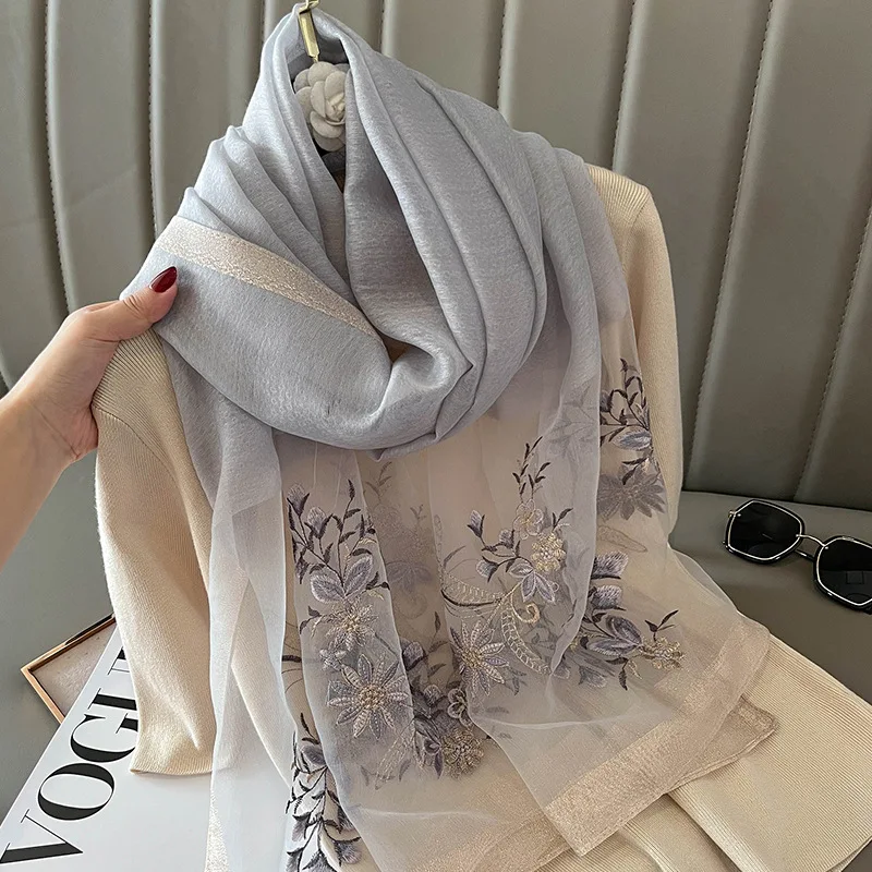 New Embroidery silk Scarf women Summer Sun Protection Shawl Warp Bandana Foulard Hijab Bufanda Scarves Stoles Pashmina Poncho
New Embroidery silk Scarf women Summer Sun Protection Shawl Warp Bandana Foulard Hijab Bufanda Scarves Stoles Pashmina Poncho