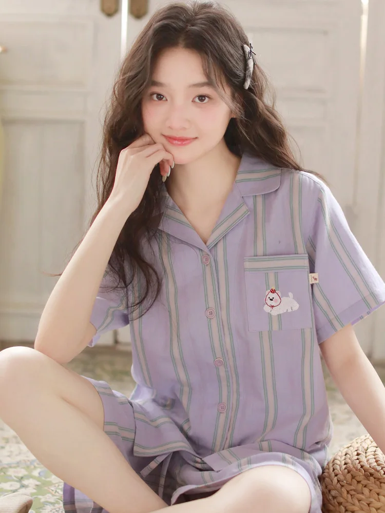 Summer New Women Striped Pajama Set Cartoon Short sleeved Shorts Pure Cotton Gauze Comfortable Breathable Casual Home Clothes
Summer New Women Striped Pajama Set Cartoon Short sleeved Shorts Pure Cotton Gauze Comfortable Breathable Casual Home Clothes