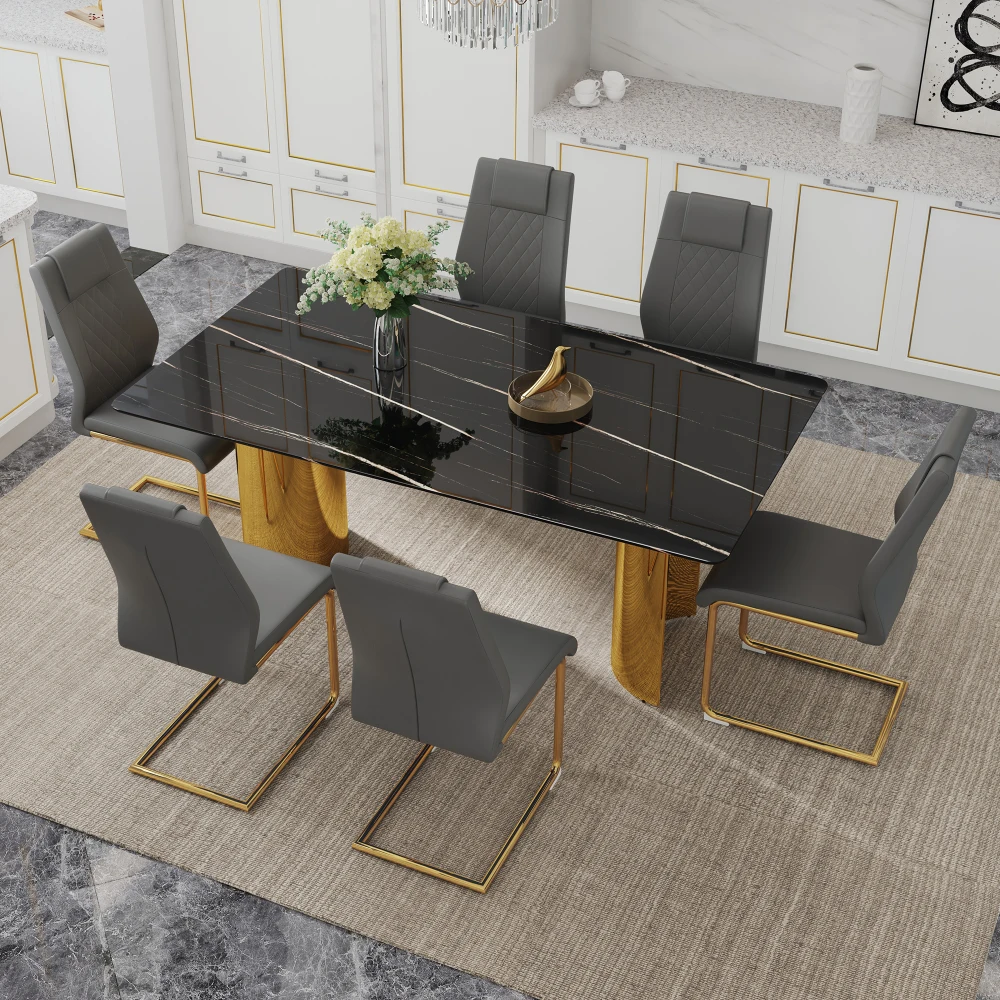 Glass Top Dining Table Set with Imitation Marble Stickers Stainless Steel Golden Legs 6 PU Chairs Metal Legs W1151S01515
Glass Top Dining Table Set with Imitation Marble Stickers Stainless Steel Golden Legs 6 PU Chairs Metal Legs W1151S01515