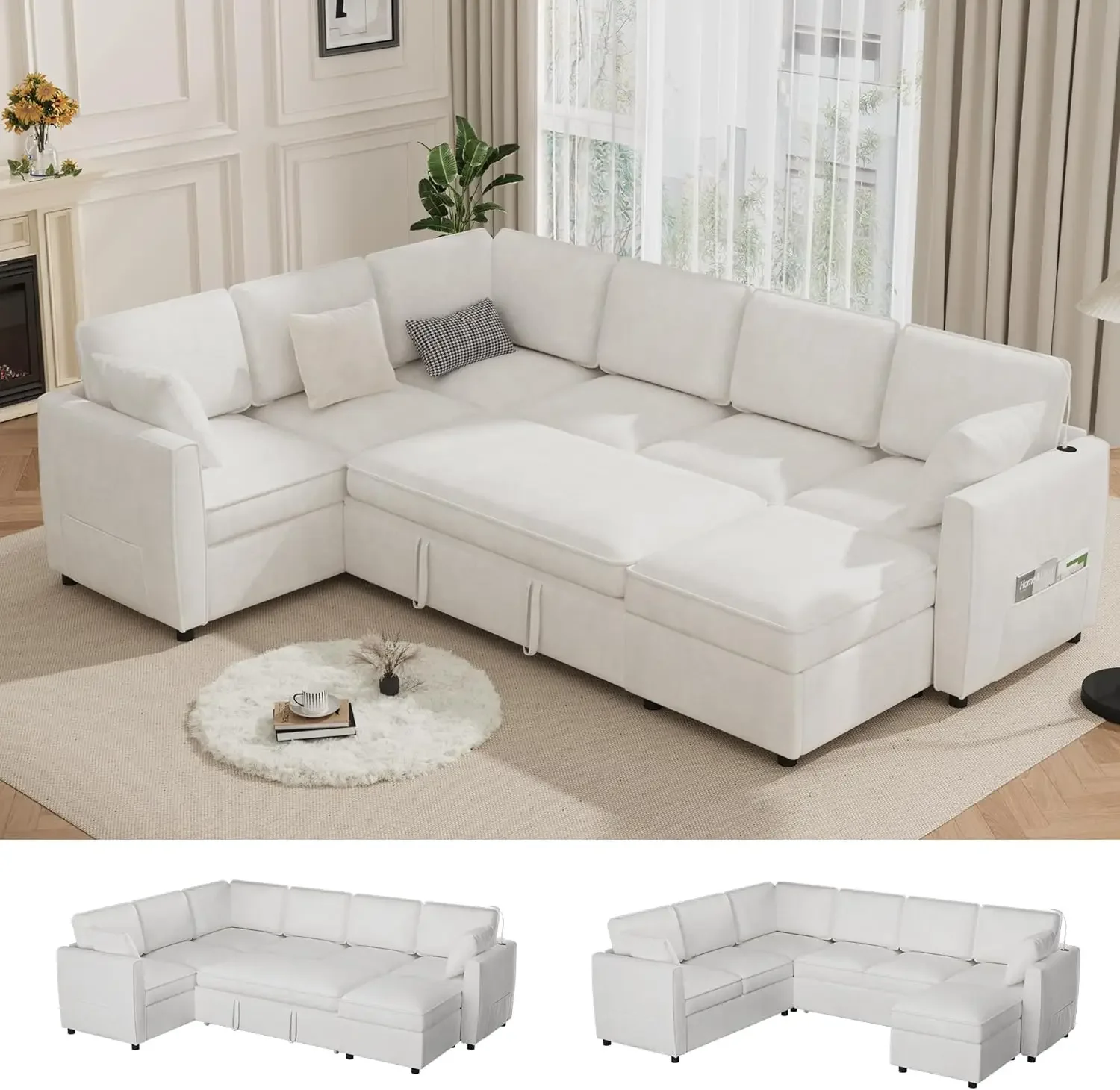 120 Sectional Sofa Couch with Pull out Bed 7 Seat U Shaped Pull out Couch Bed with USB Ports Velvet Modular Sleeper Sofa Bed
120 Sectional Sofa Couch with Pull out Bed 7 Seat U Shaped Pull out Couch Bed with USB Ports Velvet Modular Sleeper Sofa Bed