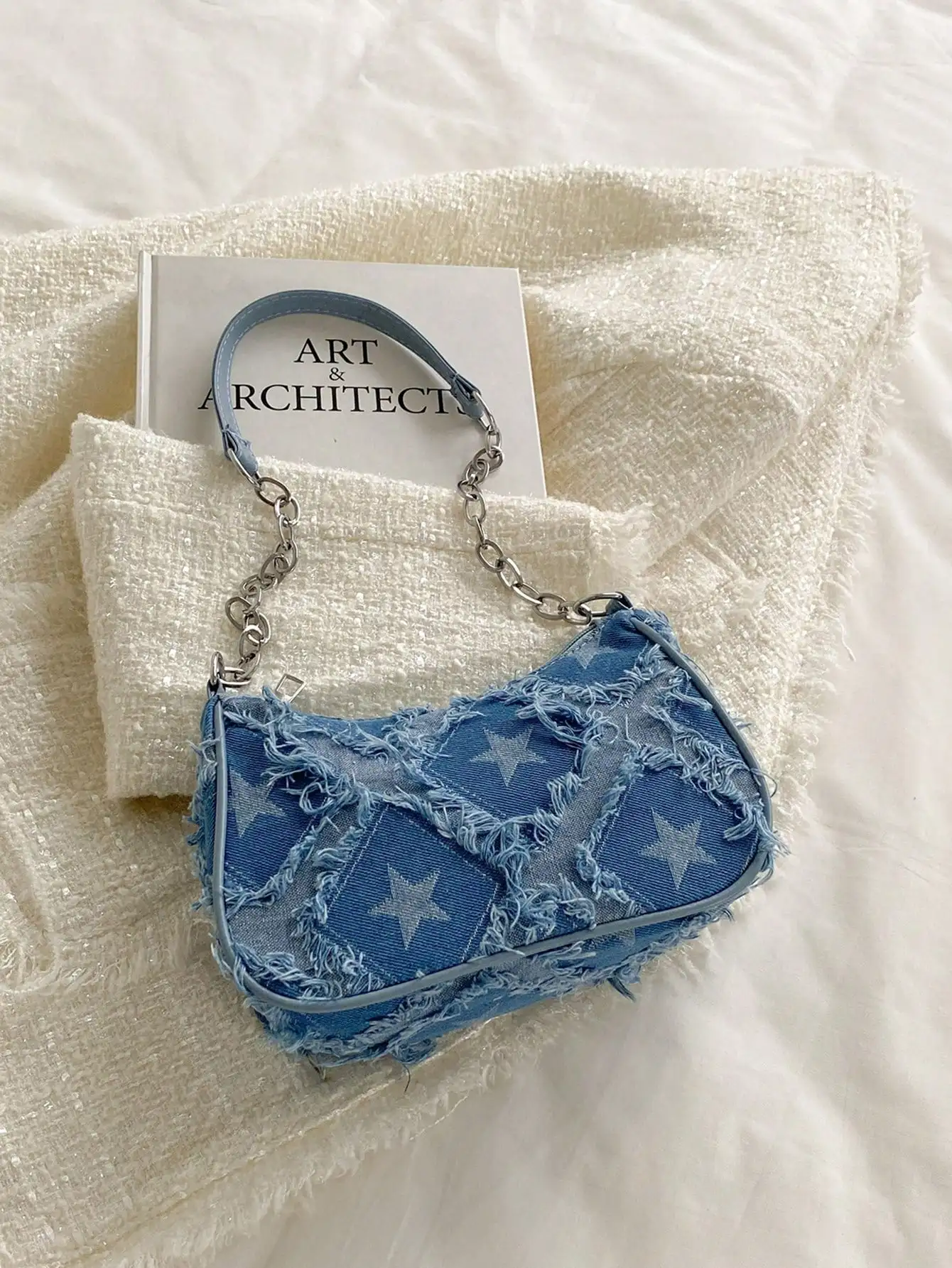 Distressed Denim Star-Print Saddle Bag with Chain Strap
Distressed Denim Star-Print Saddle Bag with Chain Strap