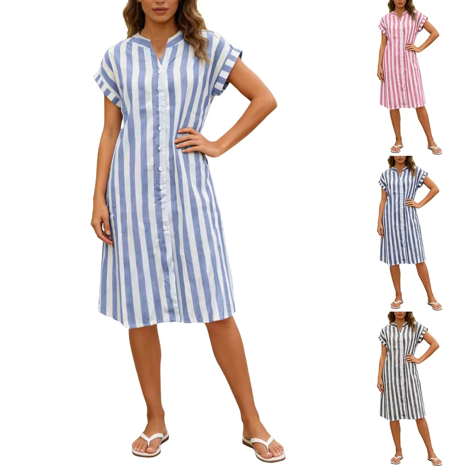 Summer Blouse Dress For Women 2026 Striped Printed Dress V Neck Cap Sleeve Single Breasted Casual Dress Beach Vacation Clothes
Summer Blouse Dress For Women 2026 Striped Printed Dress V Neck Cap Sleeve Single Breasted Casual Dress Beach Vacation Clothes