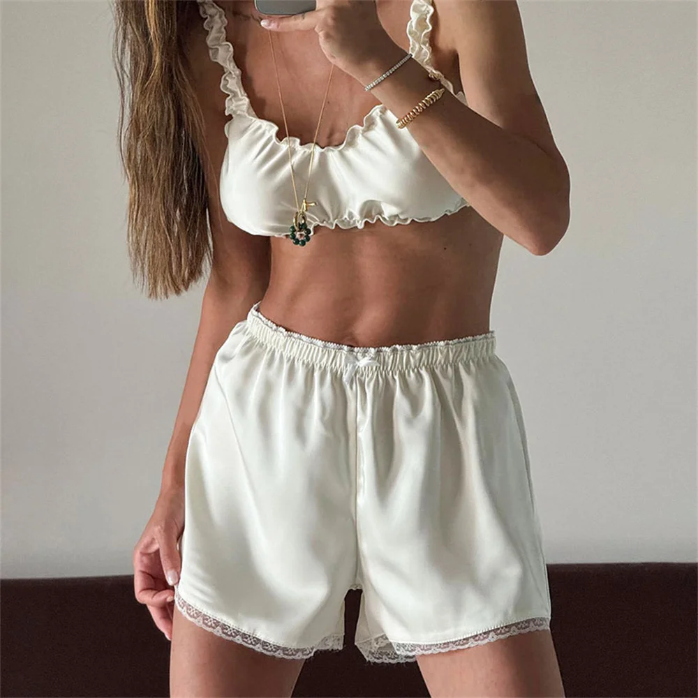 Sexy Satin Sleepwear women's pajamas Crop Top Vest With Ruch Elastic Waist Shorts 2 Piece Sets Women Home Solid Suits
Sexy Satin Sleepwear women's pajamas Crop Top Vest With Ruch Elastic Waist Shorts 2 Piece Sets Women Home Solid Suits