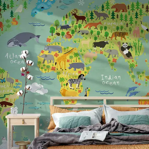 JIFFDIFF 353.6*280CM Animal World Map Photo Peel and Stick Wallpaper Retro Floral Wallpaper for Living Room Bedroom Bathroom Home Decoration
