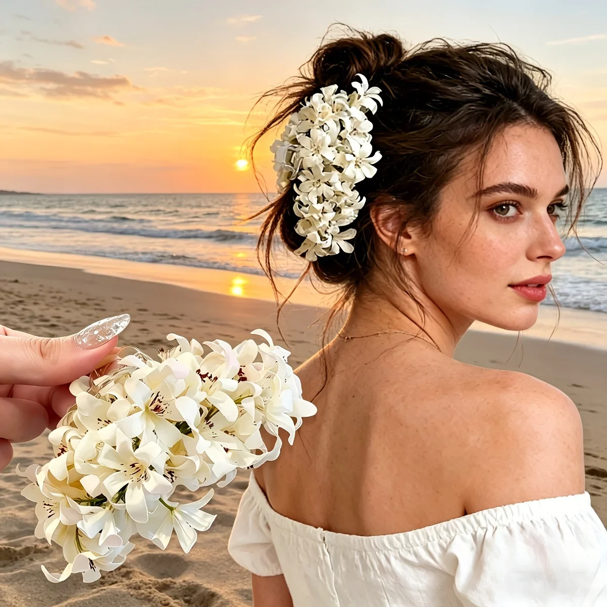 New spring/summer style, large size, full realistic flower hair clip. A luxurious and elegant Hawaiian-inspired floral updo hair clip designed for women. A white floral headpiece suitable for everyday wear, beach vacations, and weddings.
New spring/summer style, large size, full realistic flower hair clip. A luxurious and elegant Hawaiian-inspired floral updo hair clip designed for women. A white floral headpiece suitable for everyday wear, beach vacations, and weddings.