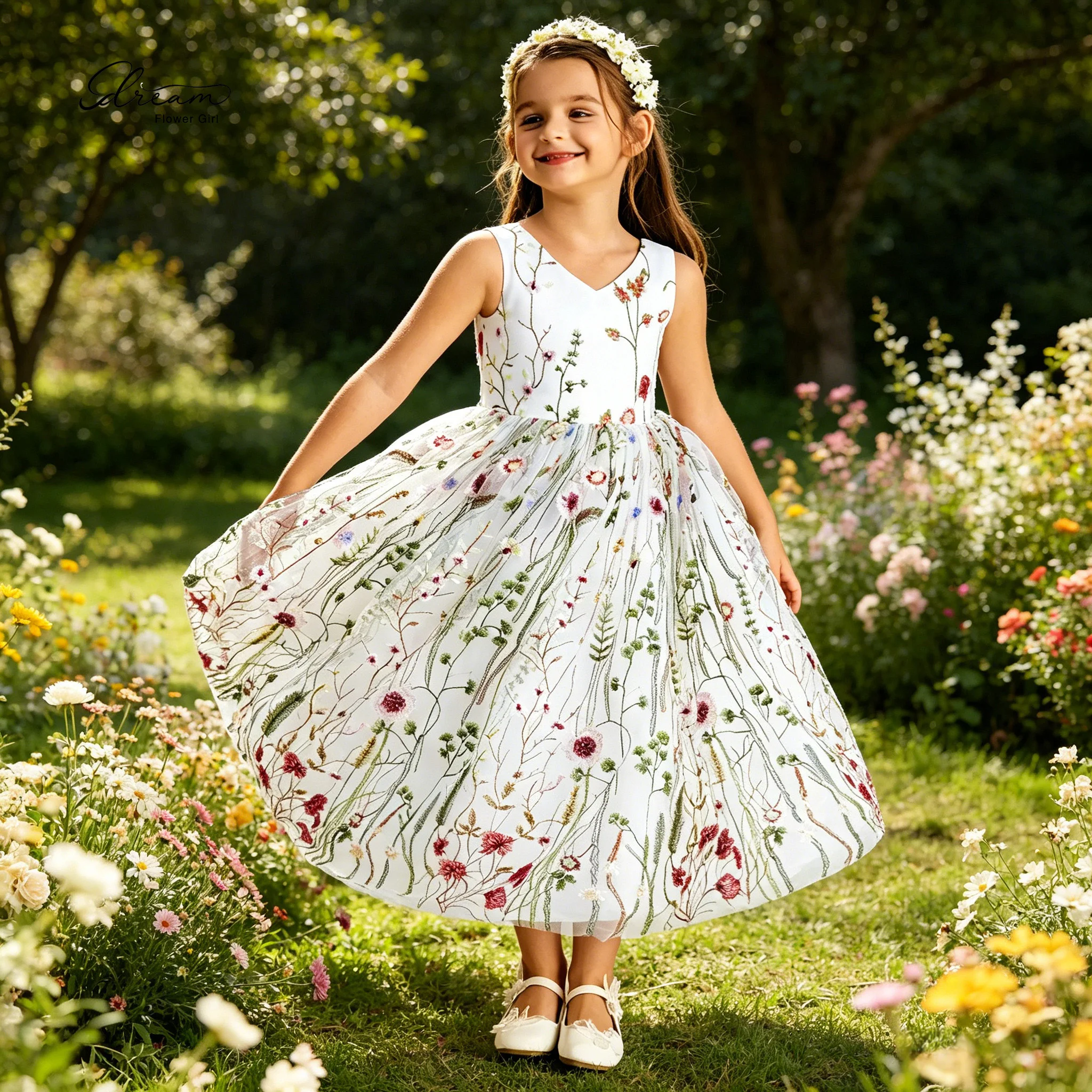 Elegant White Chiffon Children's Party Dress Sleeveless, Ankle-Length Featuring Floral Embroidery and a Cinched Waist Design
Elegant White Chiffon Children's Party Dress Sleeveless, Ankle-Length Featuring Floral Embroidery and a Cinched Waist Design