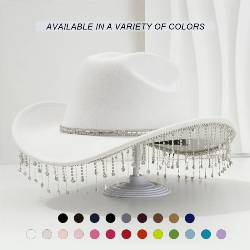A lady's luxurious sweet top hat with square dots chain and tassels is perfect for dance music party
A lady's luxurious sweet top hat with square dots chain and tassels is perfect for dance music party