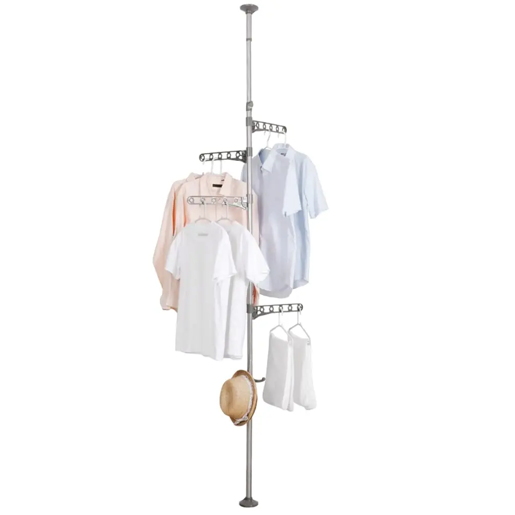 Height-Adjustable Floor-To-Ceiling Metal Drying Rack With 4 Rotating Arms, Hook, And Tension Mount For Clothes, Hats, Towels
Height-Adjustable Floor-To-Ceiling Metal Drying Rack With 4 Rotating Arms, Hook, And Tension Mount For Clothes, Hats, Towels