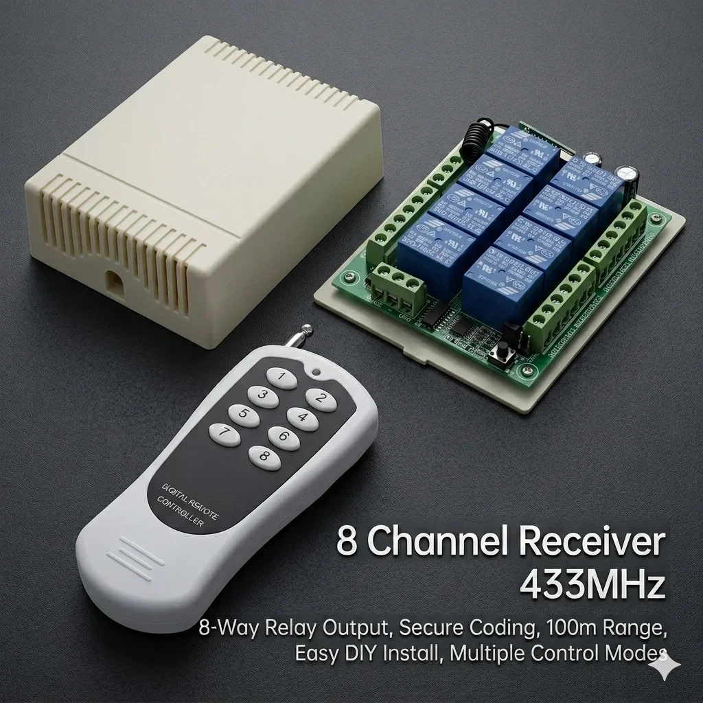 433MHz Wireless 8 Relay Module DC12V / 24V, 8-Channel Remote Switch Receiver for Motor/Light/Pump Control with Transmitter
433MHz Wireless 8 Relay Module DC12V / 24V, 8-Channel Remote Switch Receiver for Motor/Light/Pump Control with Transmitter