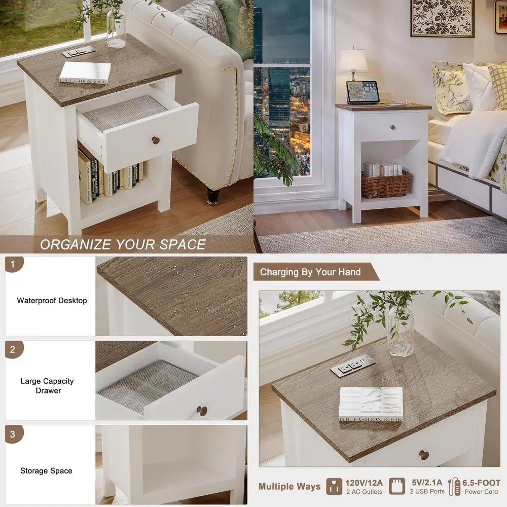 Charging Station Nightstand, Wooden Top Drawer Storage End Table for Bedroom, White
Charging Station Nightstand, Wooden Top Drawer Storage End Table for Bedroom, White