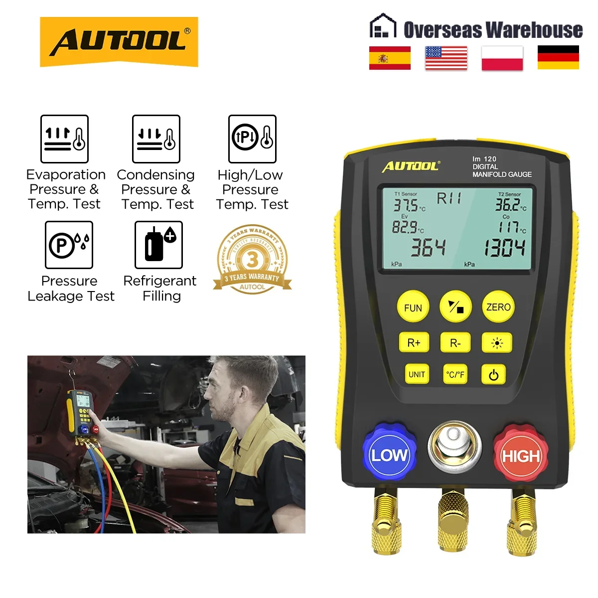 AUTOOL LM120 Car Air Conditioning Tester Digital Refrigeration Manifold HVAC Cold Medium Vacuum Pressure Temp
AUTOOL LM120 Car Air Conditioning Tester Digital Refrigeration Manifold HVAC Cold Medium Vacuum Pressure Temp