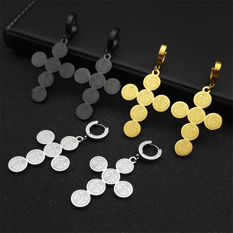 Saint Benedict Jesus Cross Hoop Earrings for Women Stainless Steel Gold Color Christian Faith Earring Jewelry E6230S02
Saint Benedict Jesus Cross Hoop Earrings for Women Stainless Steel Gold Color Christian Faith Earring Jewelry E6230S02