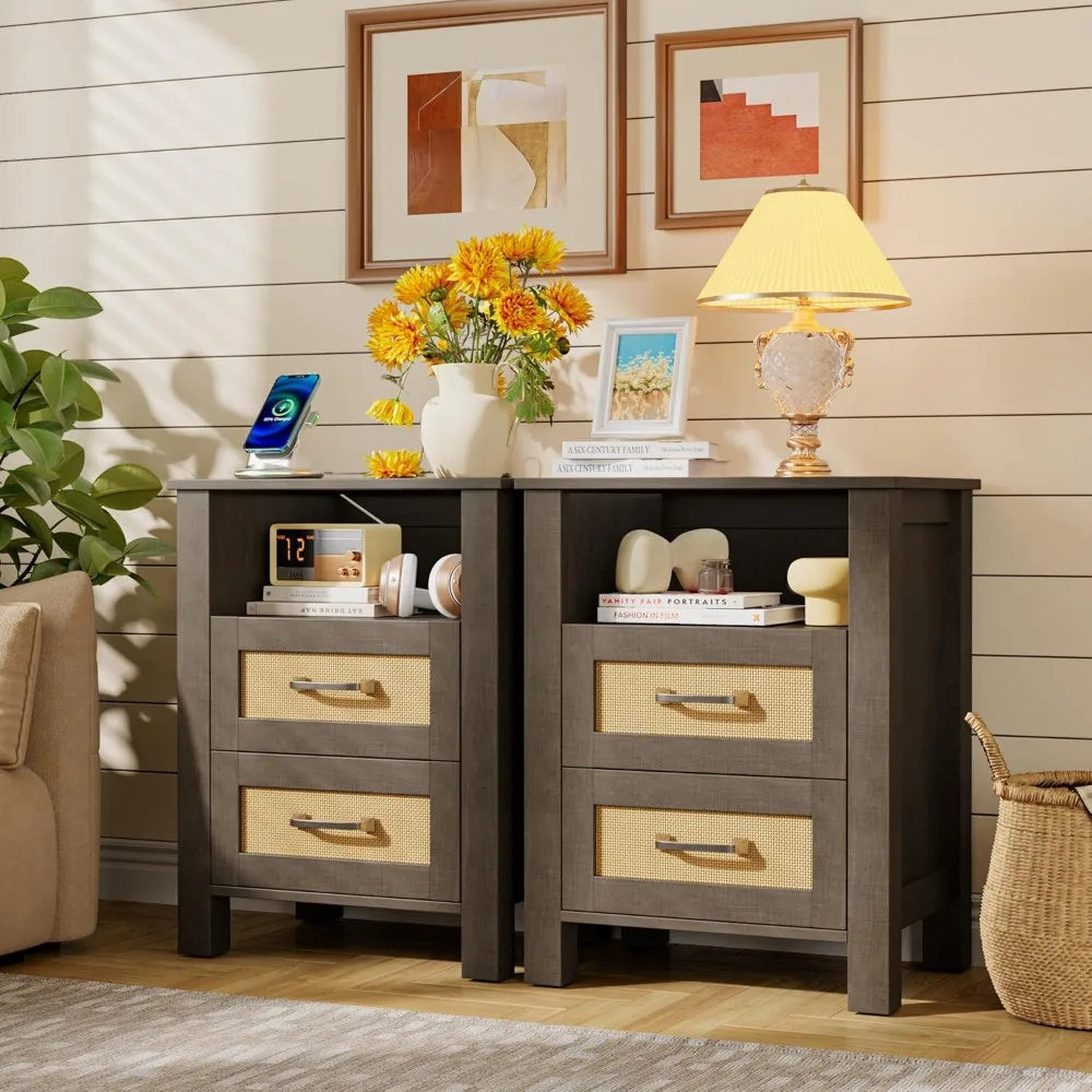 26" Rattan Nightstands Set of 2 with Charging Station, End Table with 2 Storage Drawers & 1 Open Shelf, for, Customized
26" Rattan Nightstands Set of 2 with Charging Station, End Table with 2 Storage Drawers & 1 Open Shelf, for, Customized