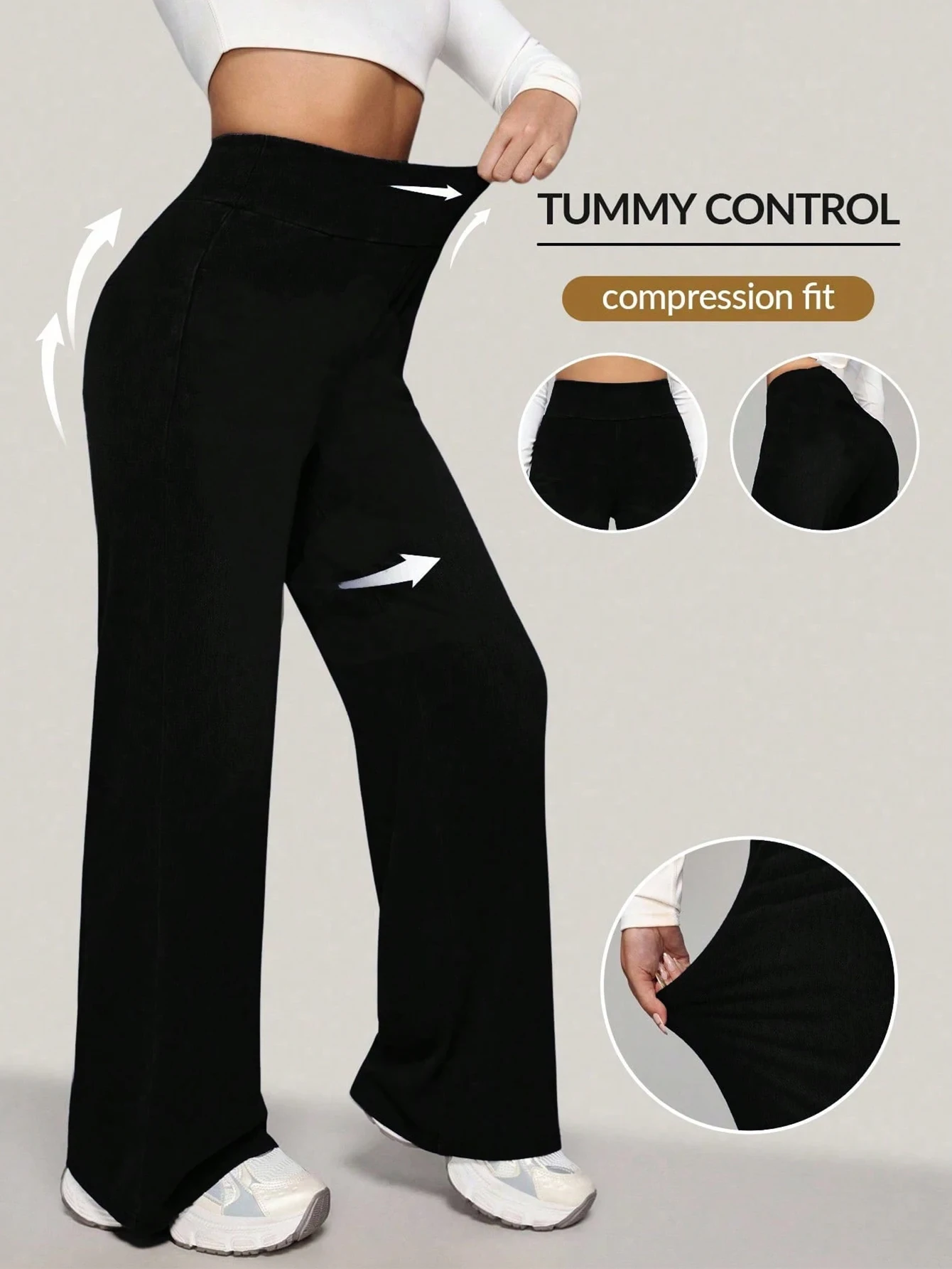 Женские черные брюки с высокой талией и широкими штанинами, с эффектом утяжки живота, компрессионные, эластичные, для йоги, повседневной носки и тренировок
Женские черные брюки с высокой талией и широкими штанинами, с эффектом утяжки живота, компрессионные, эластичные, для йоги, повседневной носки и тренировок