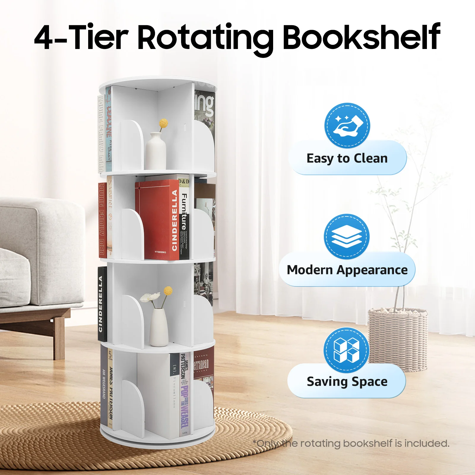 Rotating Bookshelf , 360 Display Bookcase, 4-Tier Corner Bookshelf , Floor Standing Bookshelf for Living Room, Office
Rotating Bookshelf , 360 Display Bookcase, 4-Tier Corner Bookshelf , Floor Standing Bookshelf for Living Room, Office