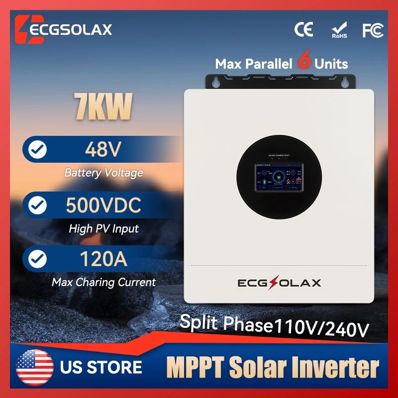 ECGSOLAX 7KW Hybrid Solar Inverter 48V 110V 240V Split Phase Pure Sine Wave Inverter With MPPT 120A Solar Charger Max PV 500VDC
ECGSOLAX 7KW Hybrid Solar Inverter 48V 110V 240V Split Phase Pure Sine Wave Inverter With MPPT 120A Solar Charger Max PV 500VDC