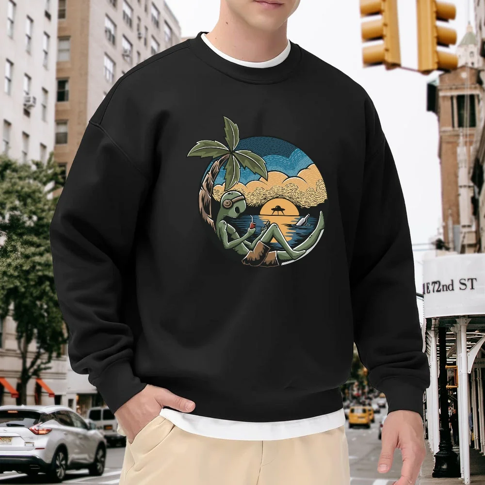 Men's Black Crew Neck Loose Sweatshirt with Fun Alien Print, Casual Street Style Versatile Top, Comfortable and Breathable Trendy Item for Everyday Wear
Men's Black Crew Neck Loose Sweatshirt with Fun Alien Print, Casual Street Style Versatile Top, Comfortable and Breathable Trendy Item for Everyday Wear