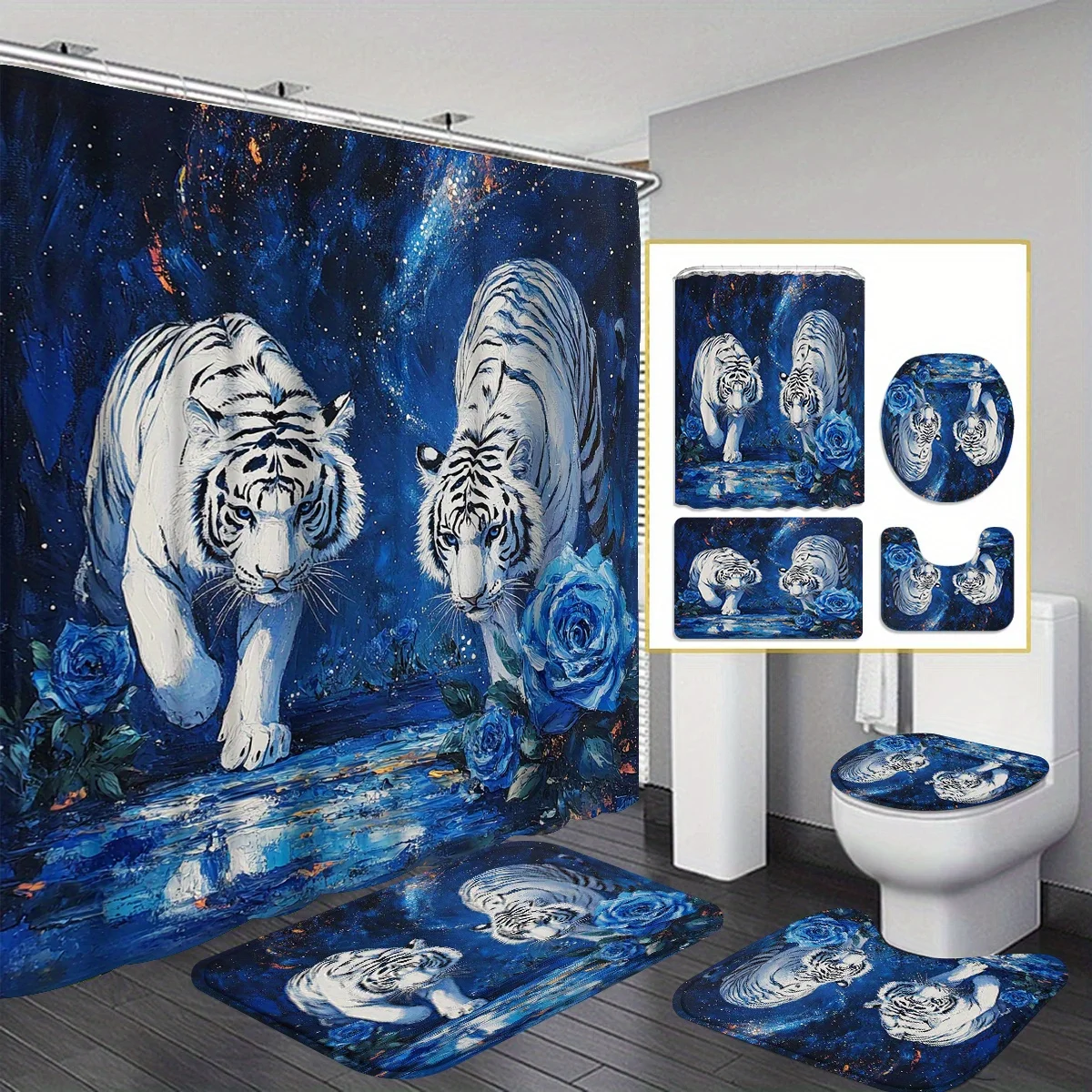 4PCS Blue Rose Starry Sky Shower Curtain - Tiger Print Polyester, No-Hole Design, Ultra Wide Ring, Bathroom Window Decor Set
4PCS Blue Rose Starry Sky Shower Curtain - Tiger Print Polyester, No-Hole Design, Ultra Wide Ring, Bathroom Window Decor Set