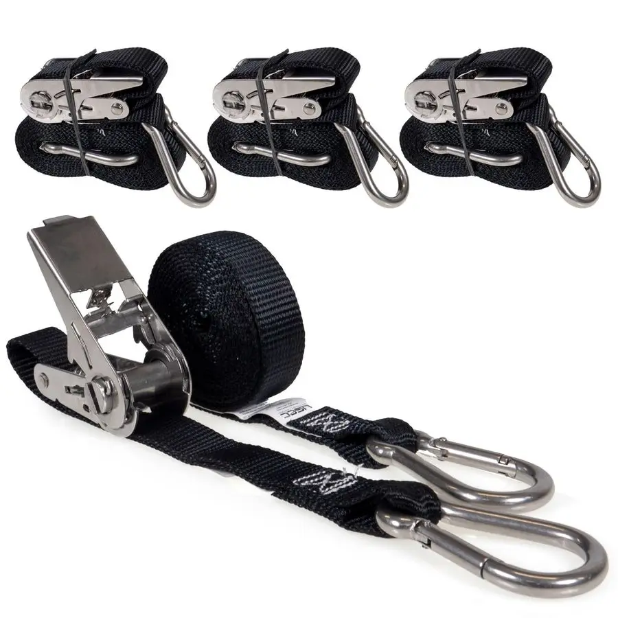 Stainless Steel Ratchet Straps with Carabiner Hooks 1 X 10 4Pack, 500 LBS Break Strength, Marine Tie Down Straps for Boats, ATVs
Stainless Steel Ratchet Straps with Carabiner Hooks 1 X 10 4Pack, 500 LBS Break Strength, Marine Tie Down Straps for Boats, ATVs