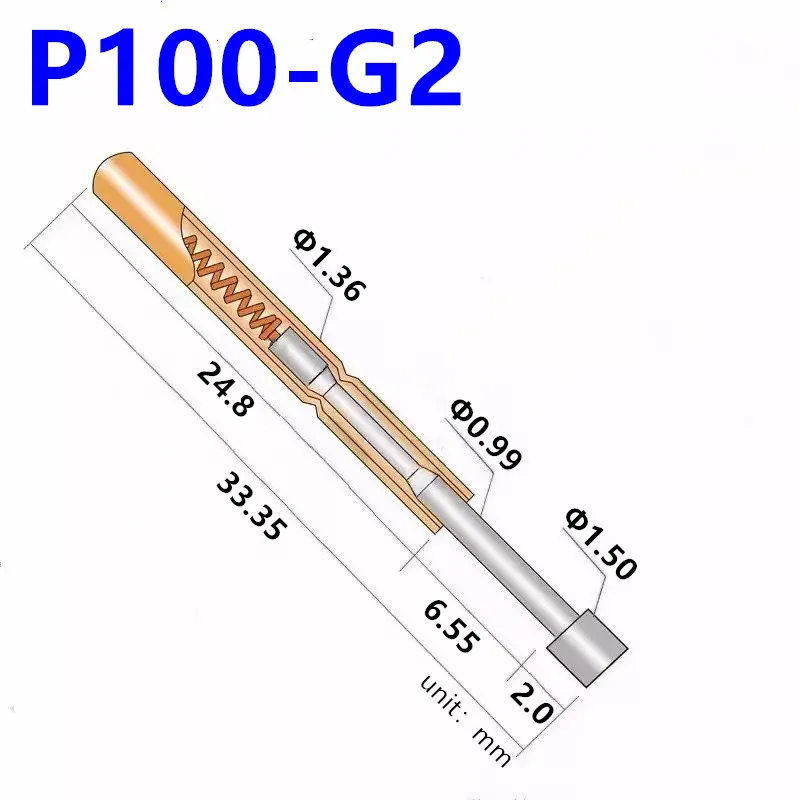 100PCS P100-G2 Spring Test Probe Pogo Pin Spring Test Pin Length 33.35mm Needle Dia 1.36mm Test Probe Head Dia 1.50mm P100-G
100PCS P100-G2 Spring Test Probe Pogo Pin Spring Test Pin Length 33.35mm Needle Dia 1.36mm Test Probe Head Dia 1.50mm P100-G