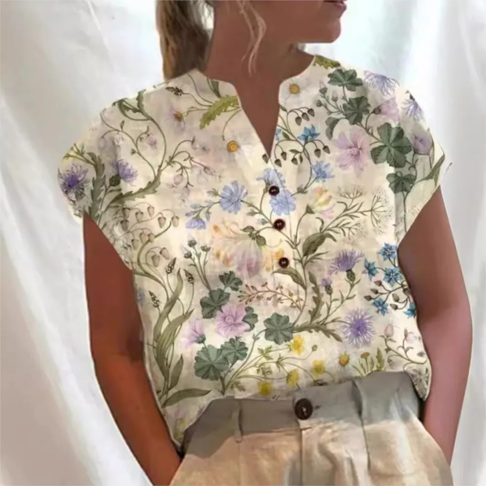Women's Fashion Button V-neck Pullover Shirt 24 Summer Flower Printed Loose Casual Short Sleeve Blouses Femme Blusas Streetwear
Women's Fashion Button V-neck Pullover Shirt 24 Summer Flower Printed Loose Casual Short Sleeve Blouses Femme Blusas Streetwear