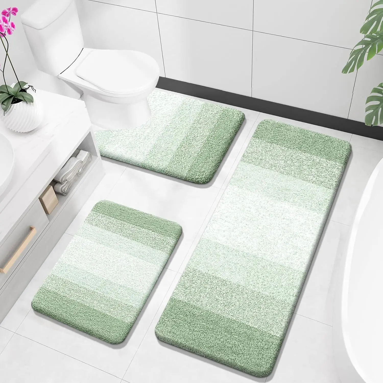 Soft Absorbent Microfiber Bath Mats Set, 3-Piece U-Shaped Contour Toilet Rug, Plush Shaggy for Bathroom in Sage Green
Soft Absorbent Microfiber Bath Mats Set, 3-Piece U-Shaped Contour Toilet Rug, Plush Shaggy for Bathroom in Sage Green