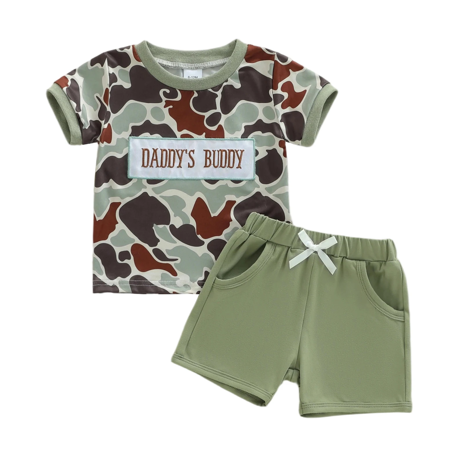 Летняя одежда для малышей, камуфляжная футболка с вышивкой букв и короткими рукавами, однотонные шорты с эластичной резинкой на талии
Летняя одежда для малышей, камуфляжная футболка с вышивкой букв и короткими рукавами, однотонные шорты с эластичной резинкой на талии
