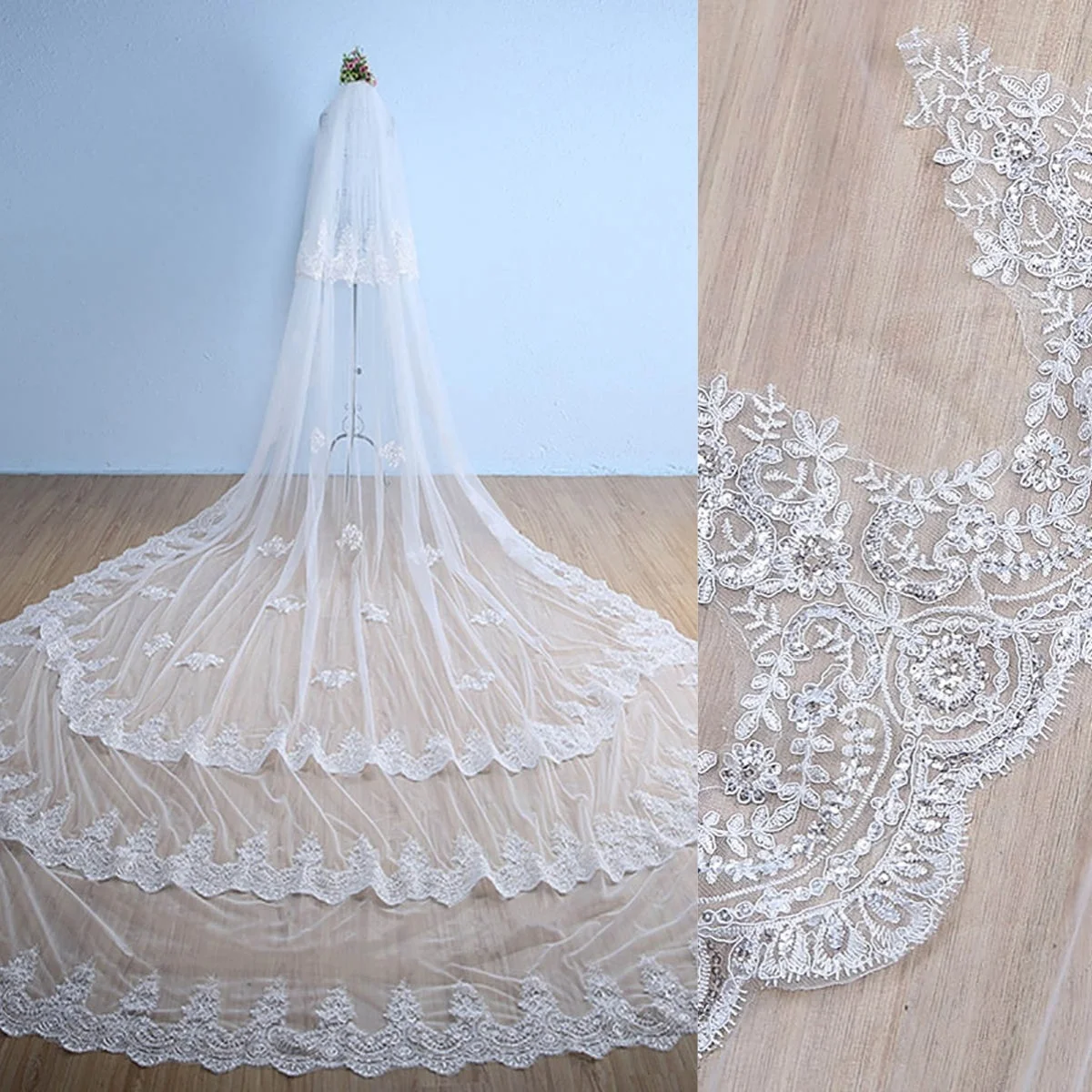 Customized Wedding Veils Appliques Sequins Lace Two Layer Cathedral Length Bride Veil Applique Edge With Comb Bridal Accessories
Customized Wedding Veils Appliques Sequins Lace Two Layer Cathedral Length Bride Veil Applique Edge With Comb Bridal Accessories