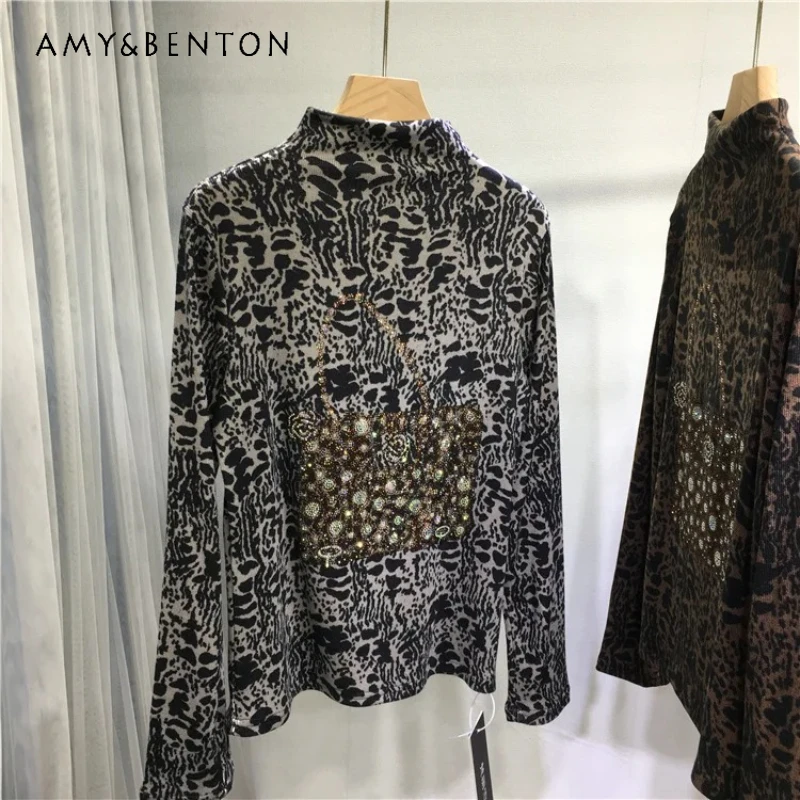 Popular Rhinestone Bottoming Shirt Women's Half High Collar Slimming Leopard Print Tight T-shirt Cotton Slimming Autumn Tees
Popular Rhinestone Bottoming Shirt Women's Half High Collar Slimming Leopard Print Tight T-shirt Cotton Slimming Autumn Tees