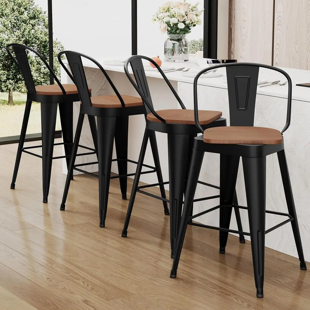Набор из 4 металлических поворотных барных стульев с высокой спинкой и деревянными сиденьями для кухонного острова или столовой, матовый черный
Набор из 4 металлических поворотных барных стульев с высокой спинкой и деревянными сиденьями для кухонного острова или столовой, матовый черный