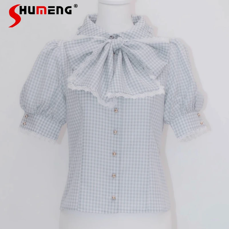 Japanese Sweet Cute Style Big Bow Plaid Polka Dot Shirt Short Sleeves Slim Fit Single-breasted Top Blouse For Women's Clothes
Japanese Sweet Cute Style Big Bow Plaid Polka Dot Shirt Short Sleeves Slim Fit Single-breasted Top Blouse For Women's Clothes