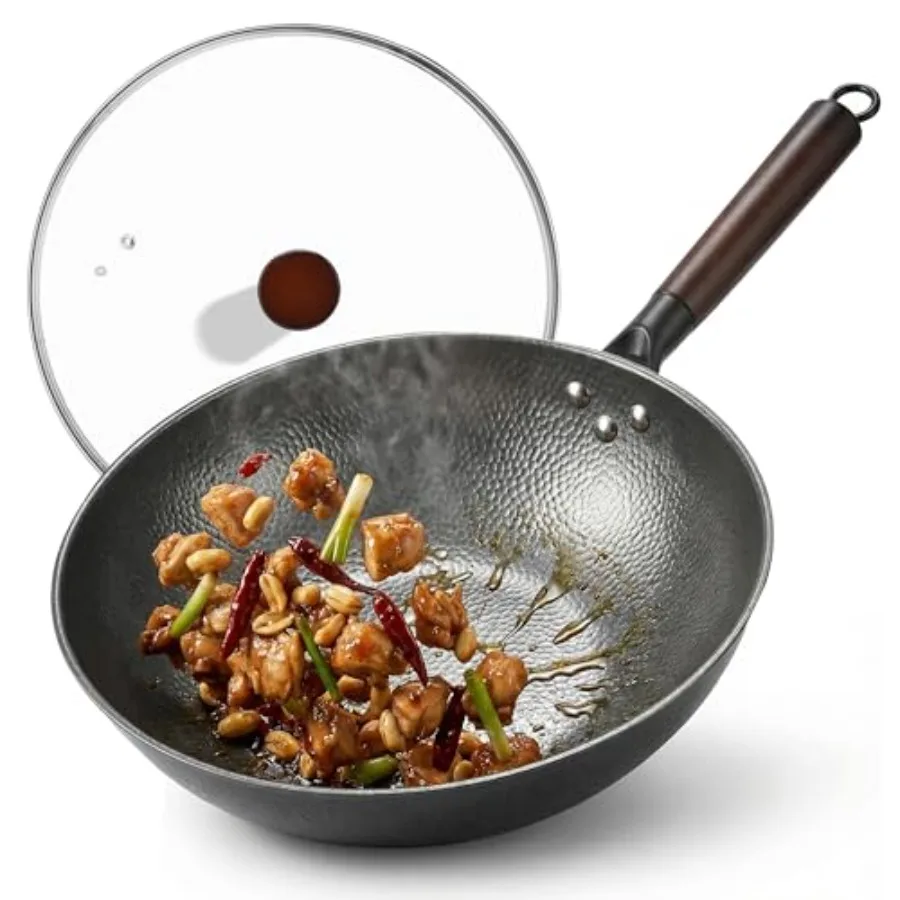 13 Inch Carbon Steel Wok, Woks and Stir-Fry Pans Nonstick with Lid, 6.45QT No Chemical Coating Flat Bottom Chinese Wok, Nitride
13 Inch Carbon Steel Wok, Woks and Stir-Fry Pans Nonstick with Lid, 6.45QT No Chemical Coating Flat Bottom Chinese Wok, Nitride