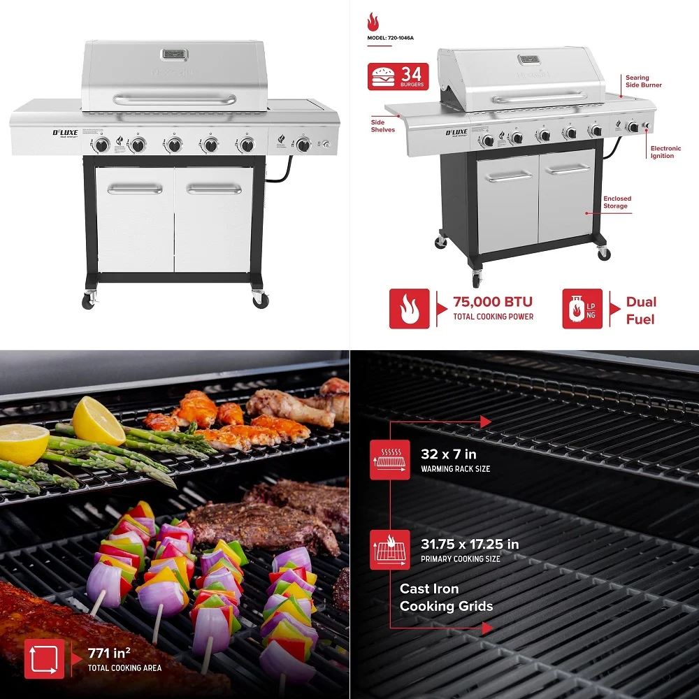 Deluxe 5Burner Propane Barbecue Gas Grill with Side Table and Ceramic Searing Side Burner, 771 sq. in., 75000 BTUs, Black, Outd
Deluxe 5Burner Propane Barbecue Gas Grill with Side Table and Ceramic Searing Side Burner, 771 sq. in., 75000 BTUs, Black, Outd