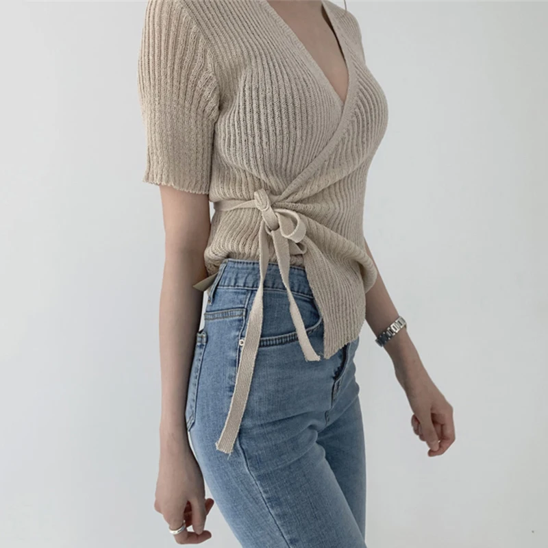 Chic Sexy V-ne Side Crossed Belted Waist Knitted ort Sve Women's Summer New Top Korean Sle Pure Color Commute Faion
Chic Sexy V-ne Side Crossed Belted Waist Knitted ort Sve Women's Summer New Top Korean Sle Pure Color Commute Faion