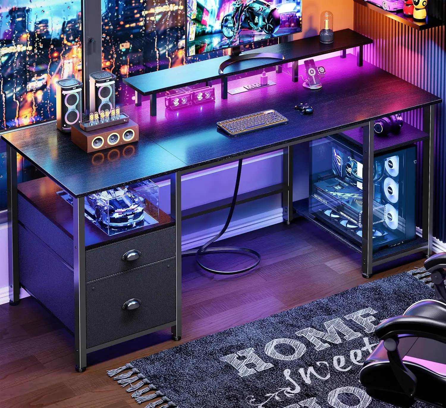 61' Gaming Desk with Power Outlets & LED Lights, Reversible Computer Desk with File Cabinet & Monitor
61' Gaming Desk with Power Outlets & LED Lights, Reversible Computer Desk with File Cabinet & Monitor