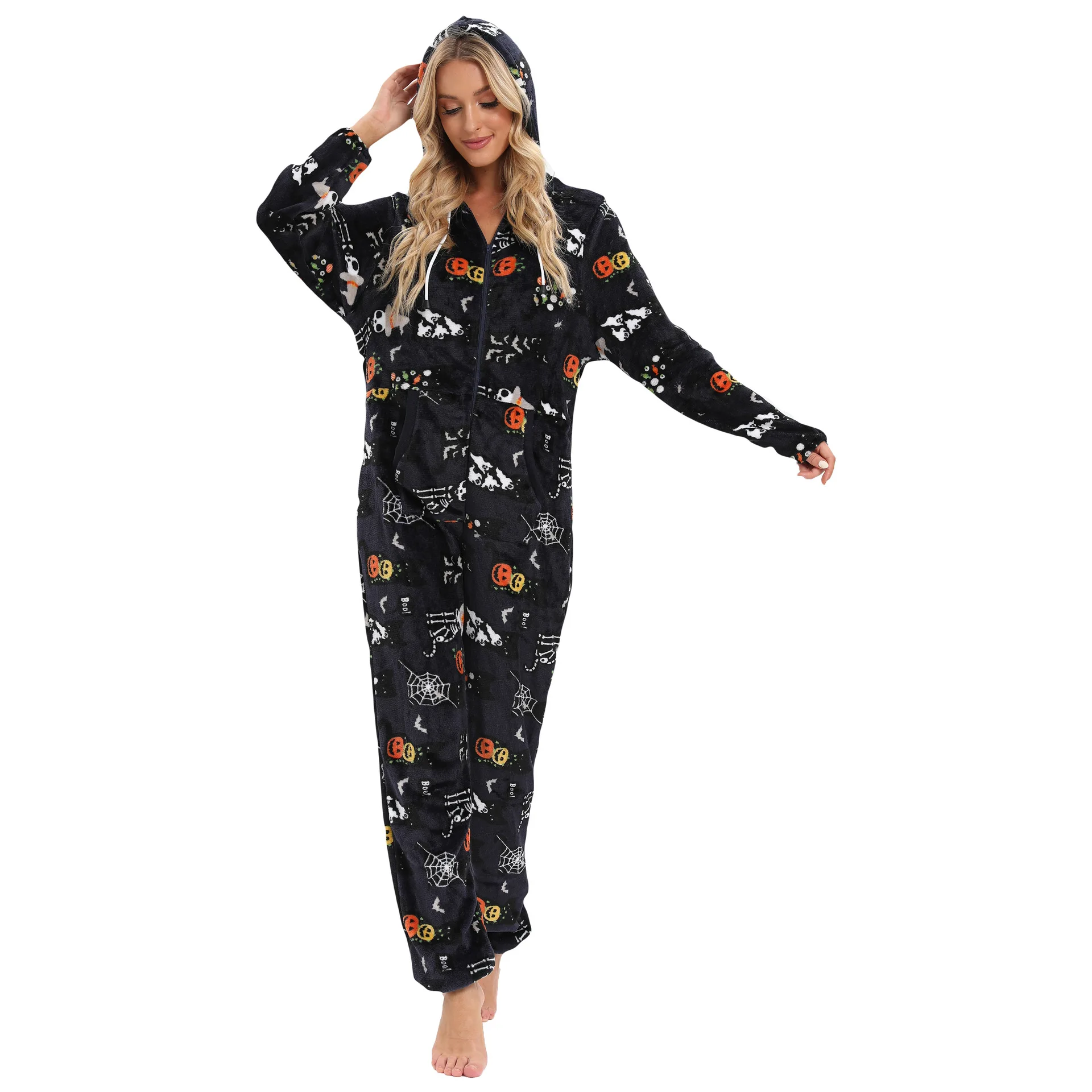 Winter Halloween Black Print Zipper Onesies Homewear Women Sleepwear Flannel Long Sleeve Pajamas
Winter Halloween Black Print Zipper Onesies Homewear Women Sleepwear Flannel Long Sleeve Pajamas