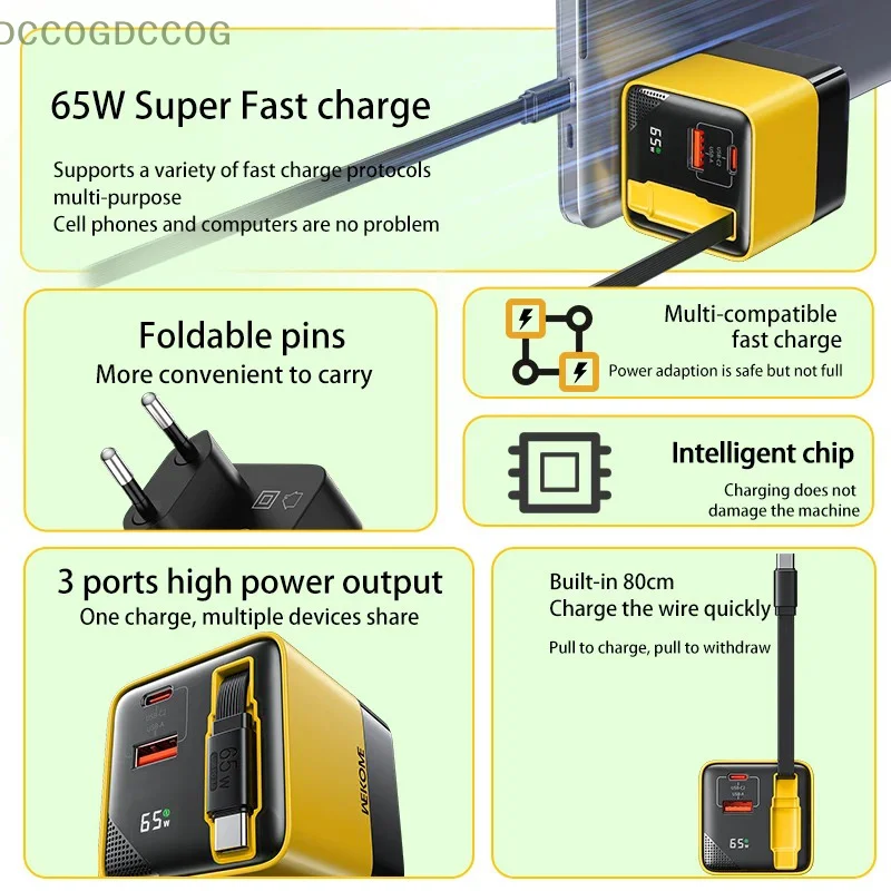 Быстрое зарядное устройство GaN USB-C мощностью 65 Вт со встроенным кабелем типа C длиной 80 см. Зарядная головка GaN для смартфонов и ноутбуков.
Быстрое зарядное устройство GaN USB-C мощностью 65 Вт со встроенным кабелем типа C длиной 80 см. Зарядная головка GaN для смартфонов и ноутбуков.