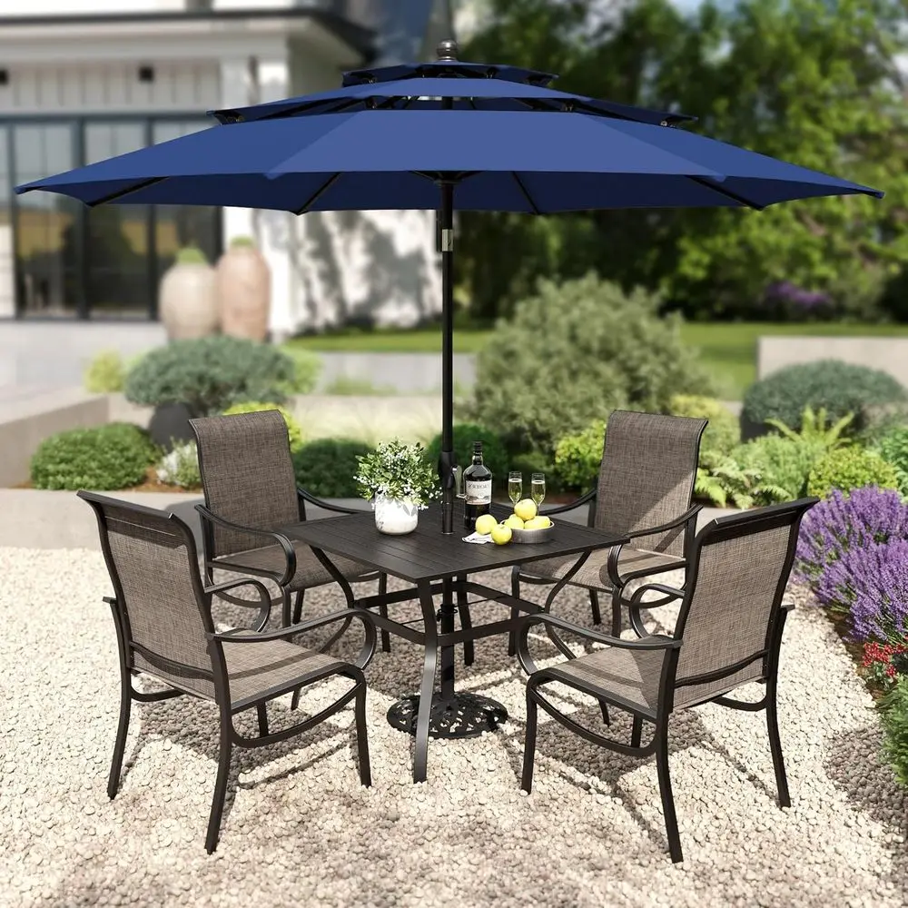 4-Person Square Metal Patio Table Set with 10ft Navy Blue Umbrella and High Back Chairs
4-Person Square Metal Patio Table Set with 10ft Navy Blue Umbrella and High Back Chairs