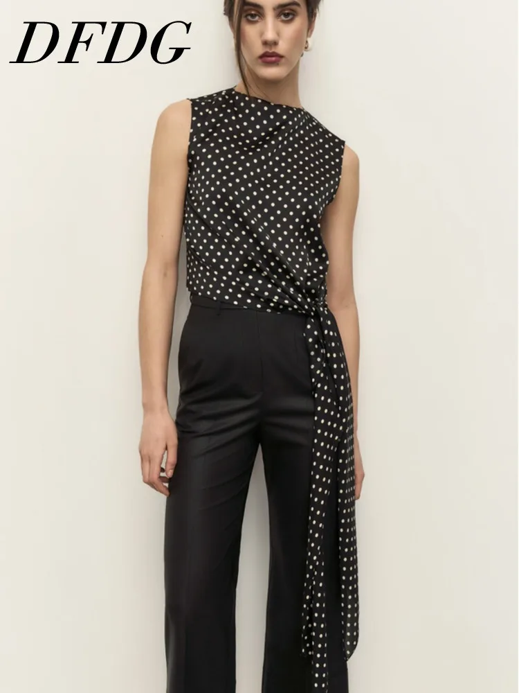 DFDG Women 2026 Spring Summer Polka Dot Sleeveless Blouse Cowl Neck Tie Waist Asymmetrical Hem Elegant Office Wave Point Shirt
DFDG Women 2026 Spring Summer Polka Dot Sleeveless Blouse Cowl Neck Tie Waist Asymmetrical Hem Elegant Office Wave Point Shirt
