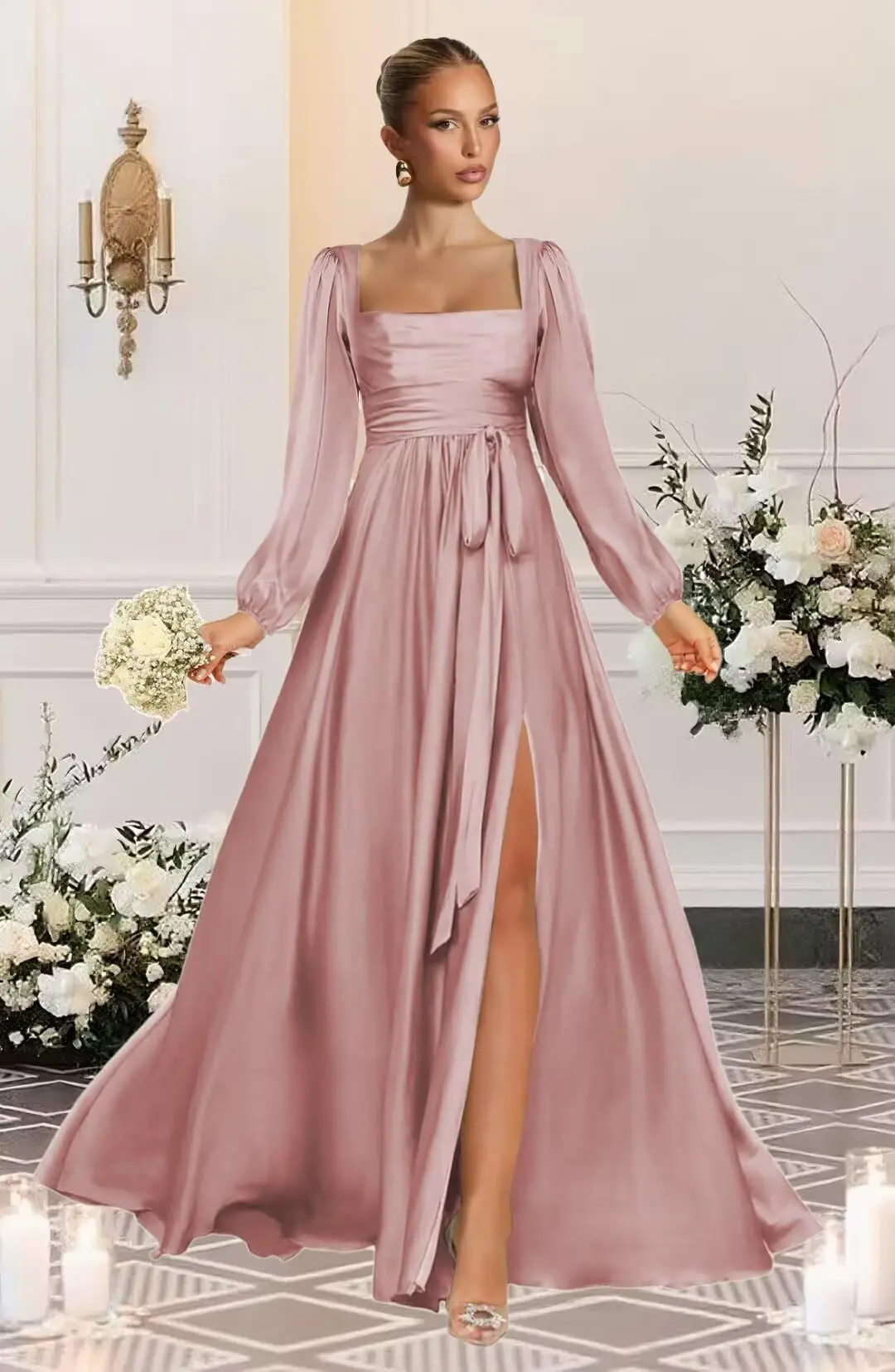Satin Bridesmaid Dresses with Slit Long Sleeve Square Neck A Line Maxi Formal Dress
Satin Bridesmaid Dresses with Slit Long Sleeve Square Neck A Line Maxi Formal Dress