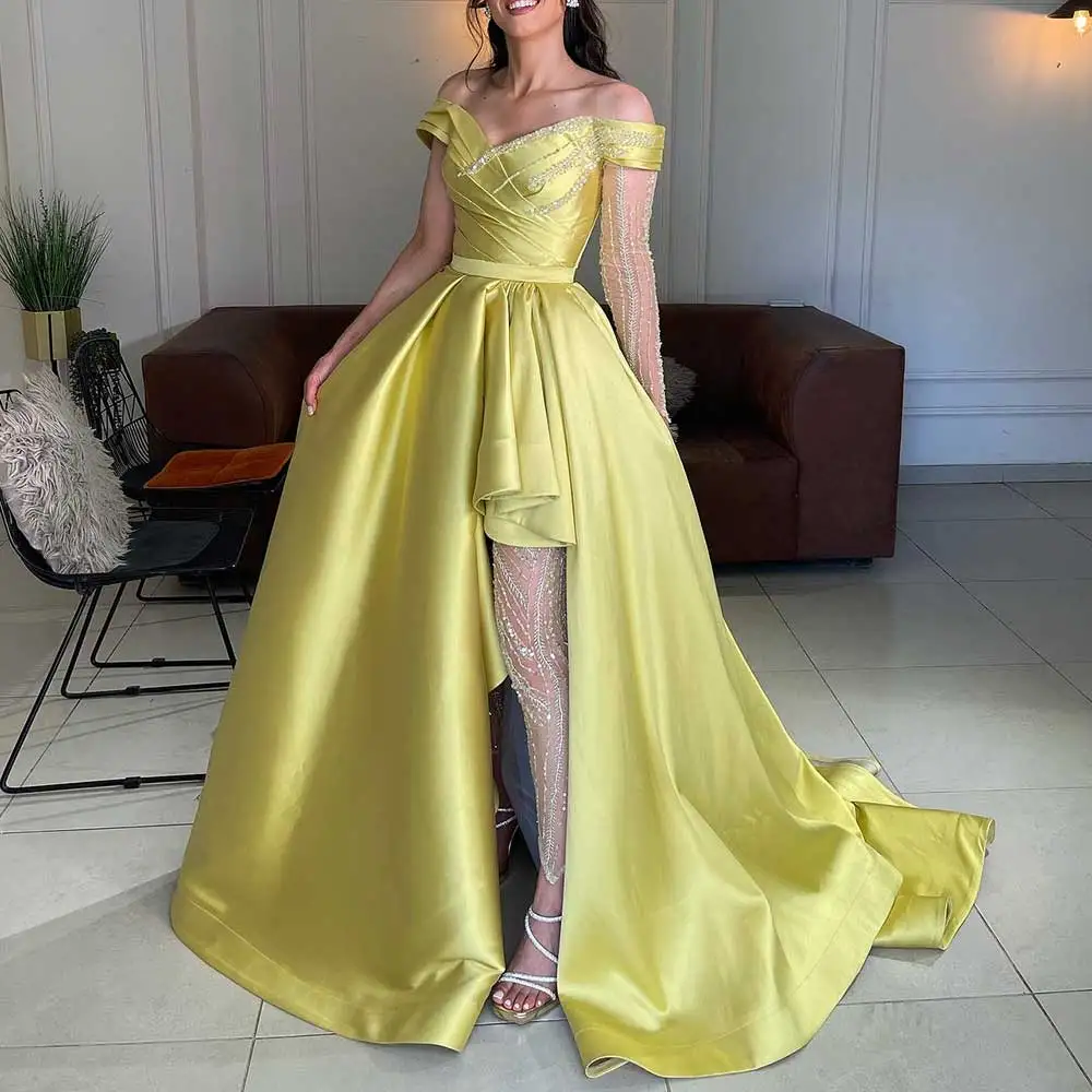 Yellow Satin A-Line Prom Dress Off The Shoulder V-Neck Pleated High Split Lace Long Sleeves Back Zipper Women's Evening Gown
Yellow Satin A-Line Prom Dress Off The Shoulder V-Neck Pleated High Split Lace Long Sleeves Back Zipper Women's Evening Gown